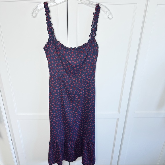 REFORMATION Virgil Dress Navy/Red Floral Print Ruffle Strap GRANADA Crepe Midi - Picture 2 of 16